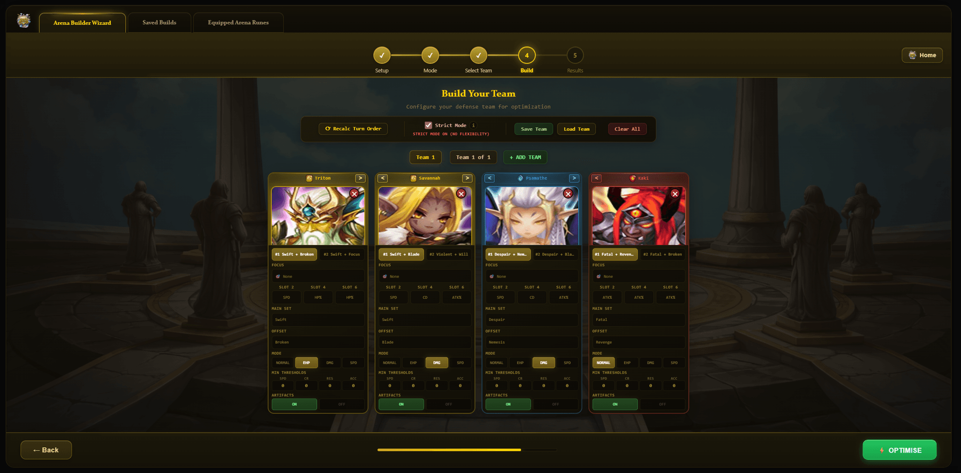 Arena Builder trending team compositions with flame ratings and tier rankings