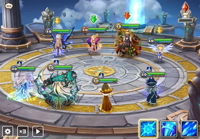 In-game Arena battle screen showing attack vs defense teams