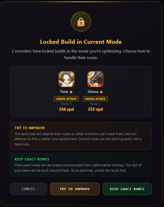 Arena Builder locked build dialog showing Try to Improve and Keep Exact Runes options