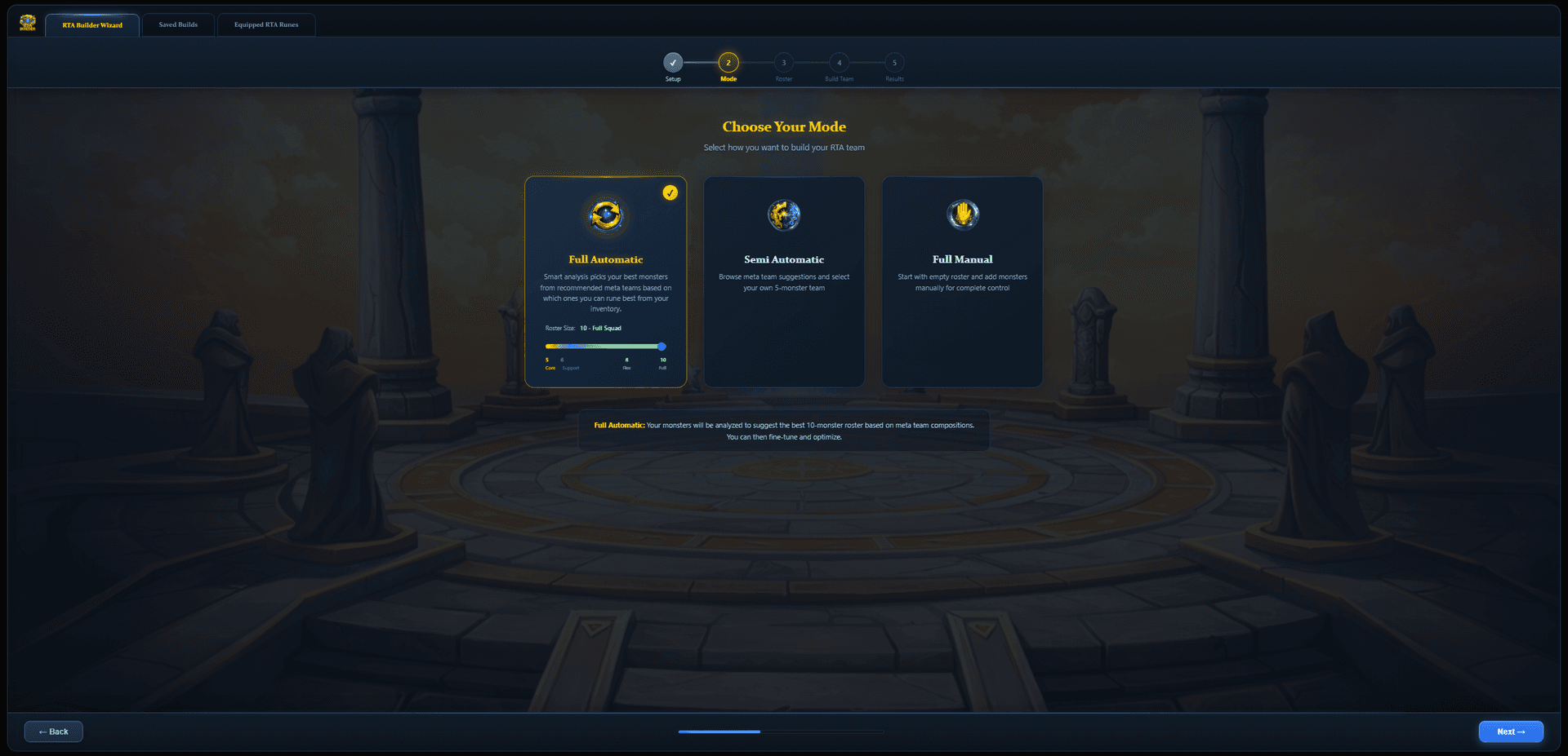 RTA Builder mode selection — Full Automatic, Semi Automatic, and Full Manual