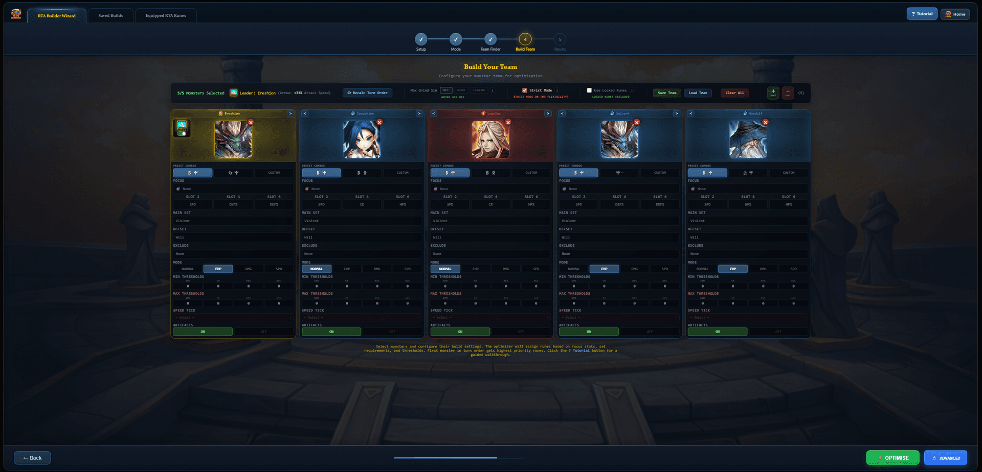 RTA Build Configuration — Monster cards with rune sets, stat thresholds, and speed tuning