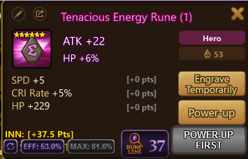 Desktop overlay showing POWER-UP FIRST recommendation on a Hero rune with innate bonus and max efficiency projection