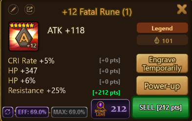 Desktop overlay showing SELL recommendation with 212 pts, per-substat point breakdown, and efficiency display