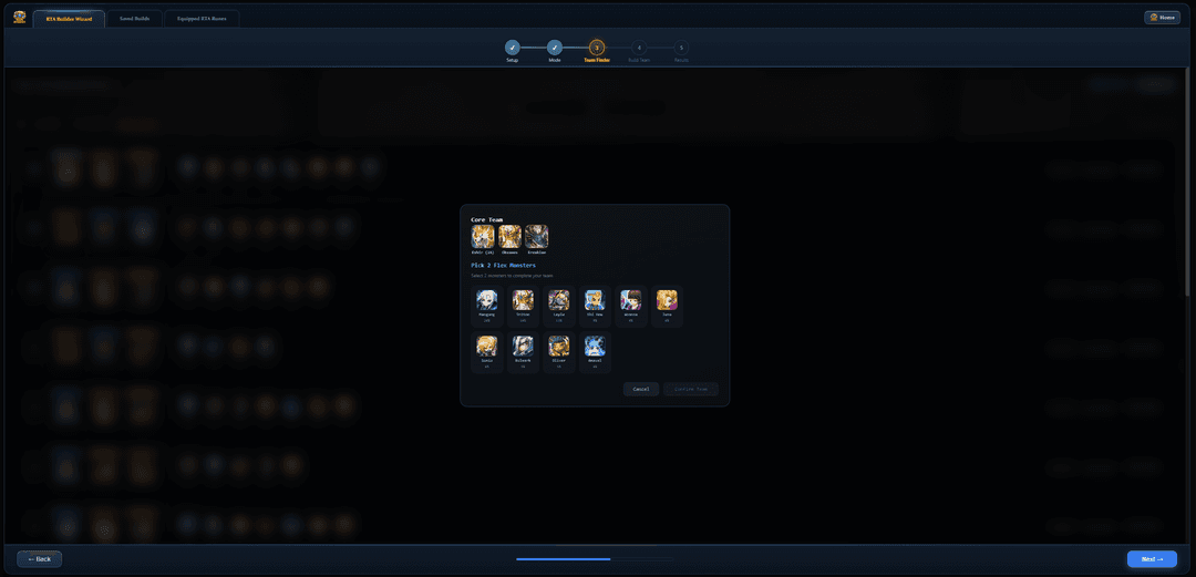 RTA Semi Automatic flex picker popup for selecting flex monsters from clustered team
