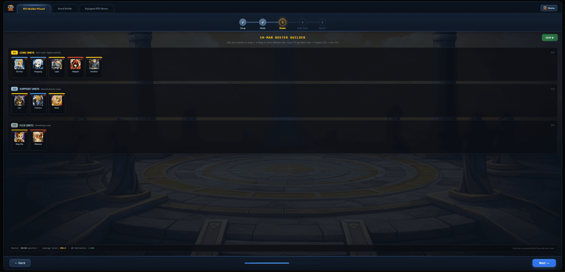RTA Full Auto roster builder with Core, Support, and Flex tiers and synergy scores