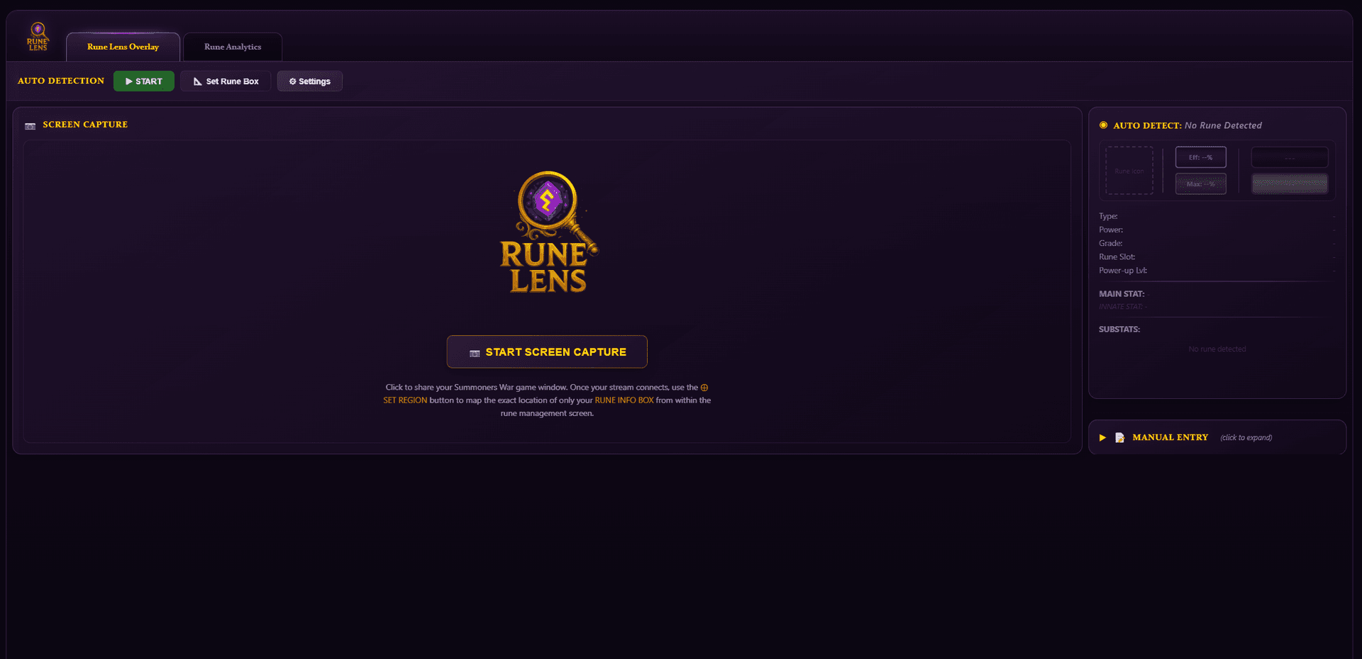 Rune Lens web app showing rune evaluation with RL Score, efficiency, and keep/sell recommendation