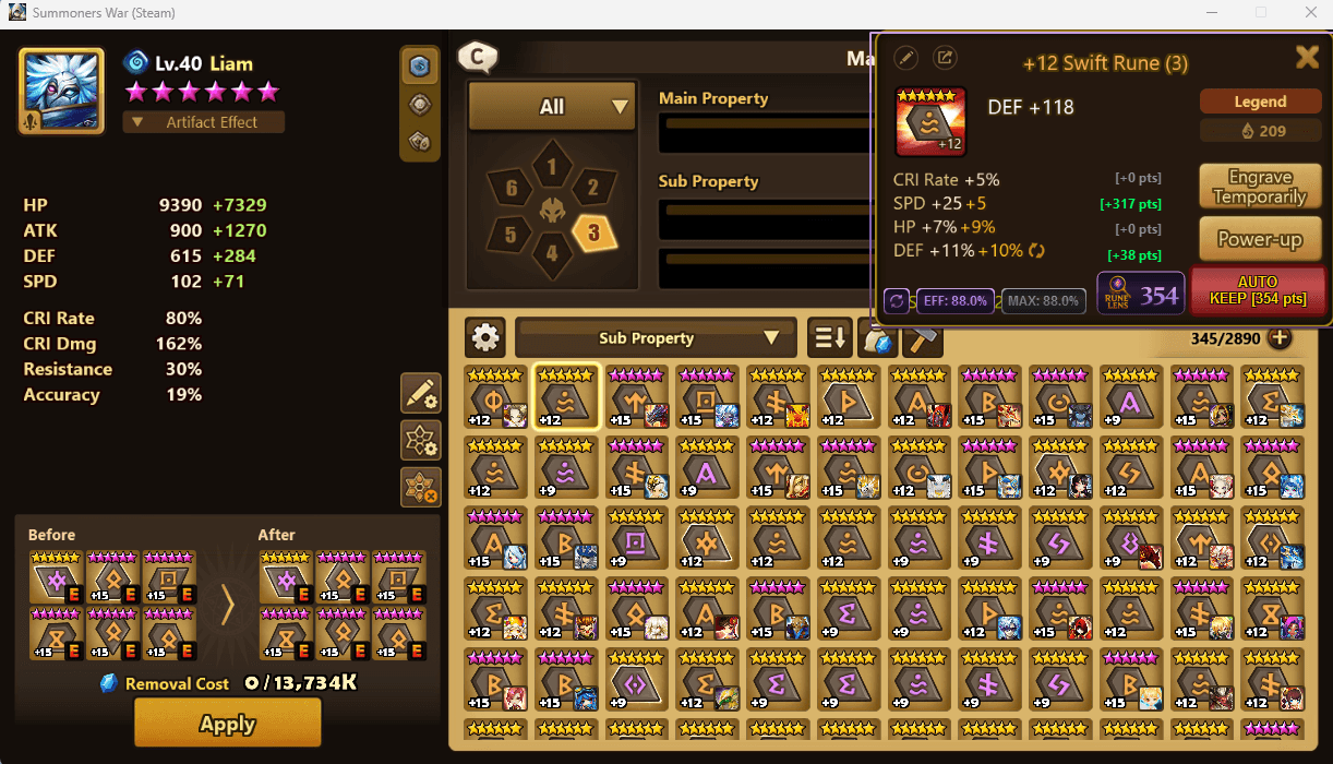 Rune Lens desktop overlay showing sell/keep recommendation on a rune in Summoners War