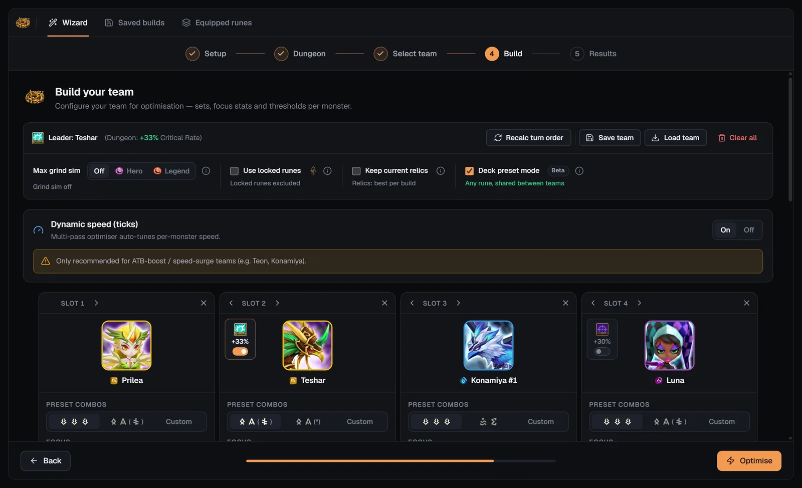 Caiross Build step toolbar with leader line, Recalc turn order, Save team, Load team, Clear all, team options and the Dynamic speed card