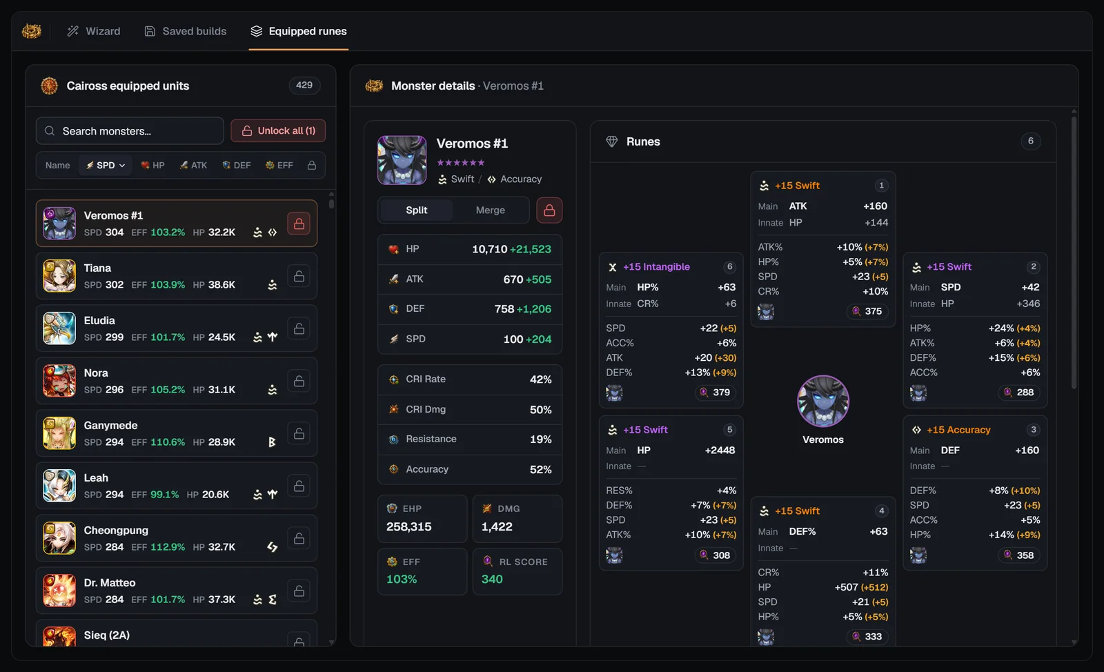 Caiross Equipped runes tab with search, sort chips, Unlock all and a monster’s runes