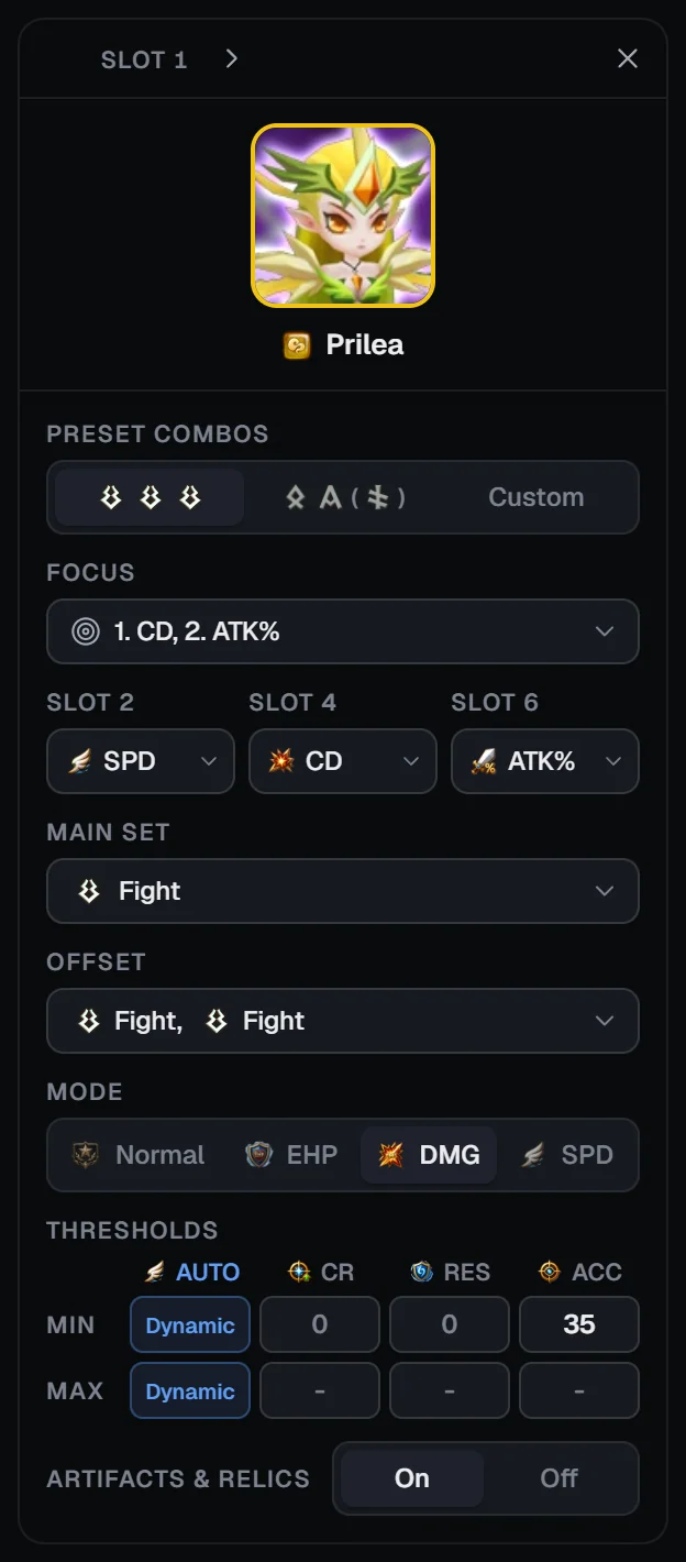 Caiross monster card with leader switch, preset combos, focus, slot main stats, sets, mode, Dynamic speed thresholds and Artifacts & relics