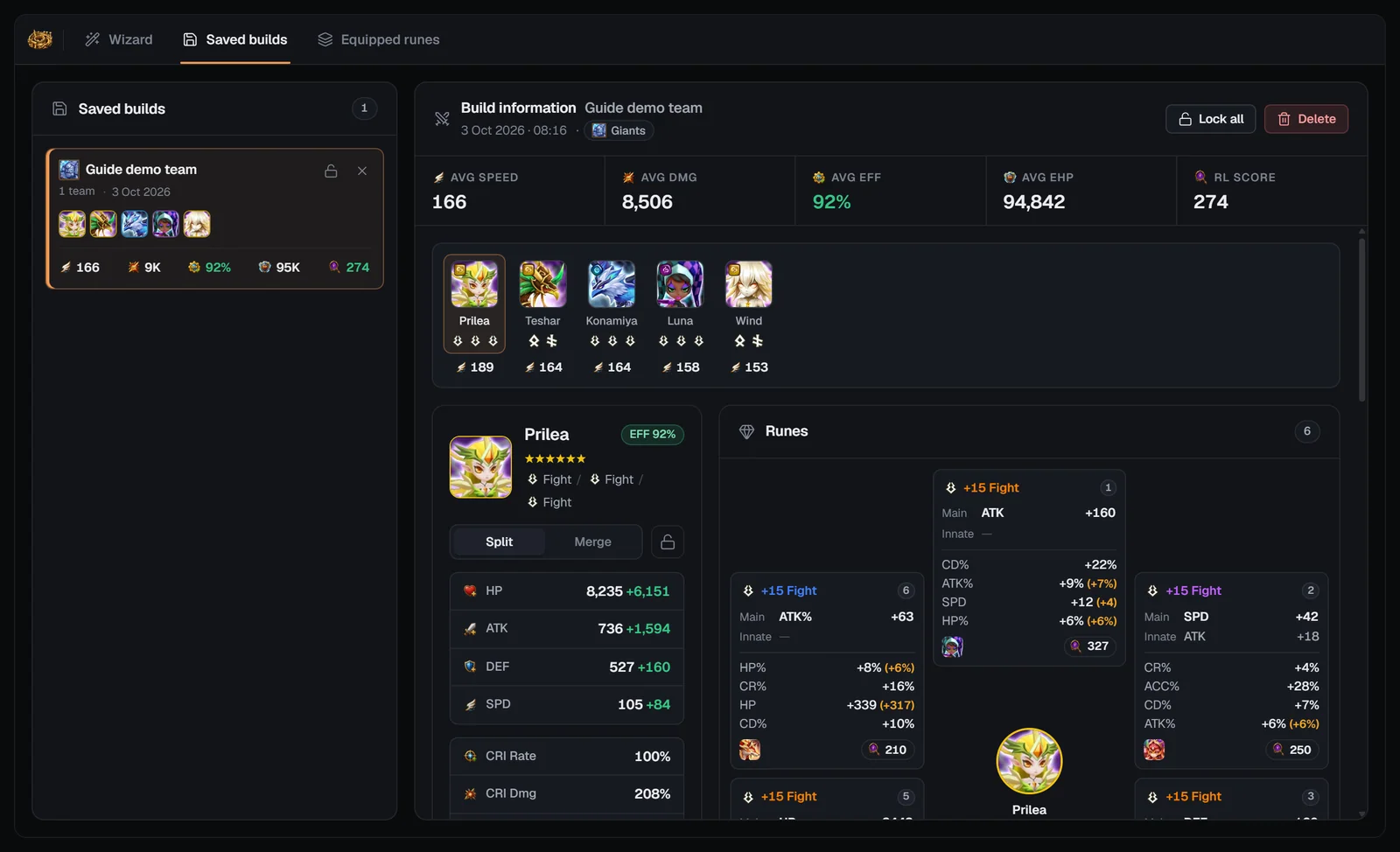 Caiross Saved builds tab with a selected build, Lock all, Delete and per-monster locks