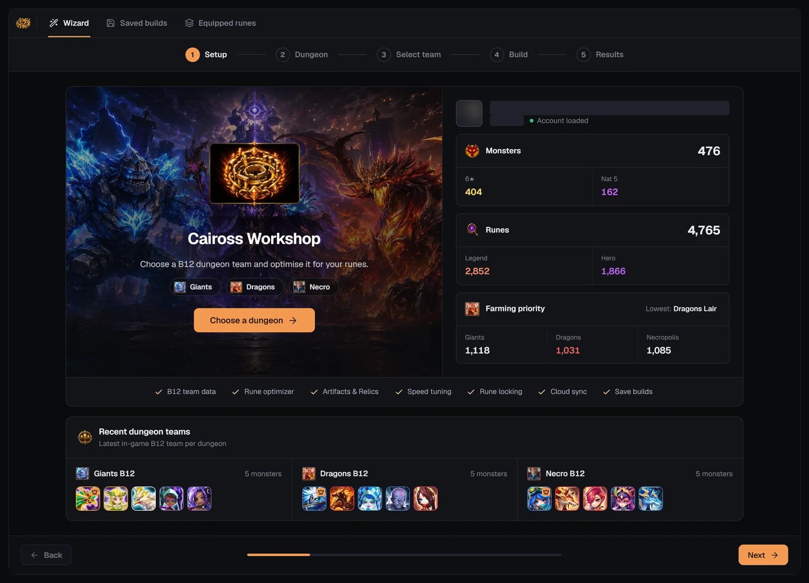 Caiross Workshop Setup step with dungeon chips, account overview, farming priority and recent B12 teams