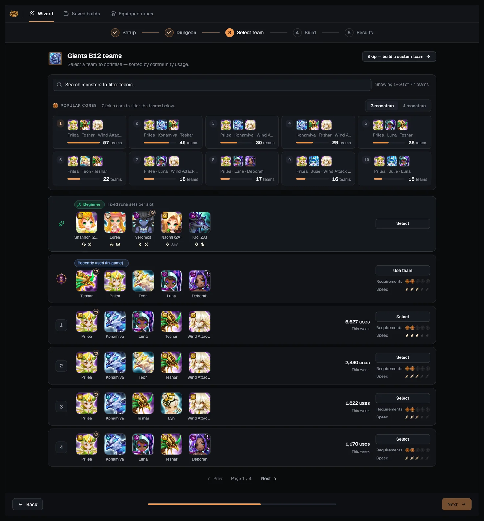 Select team step for Giants B12 with search, popular cores, Beginner, Recently used and ranked community teams
