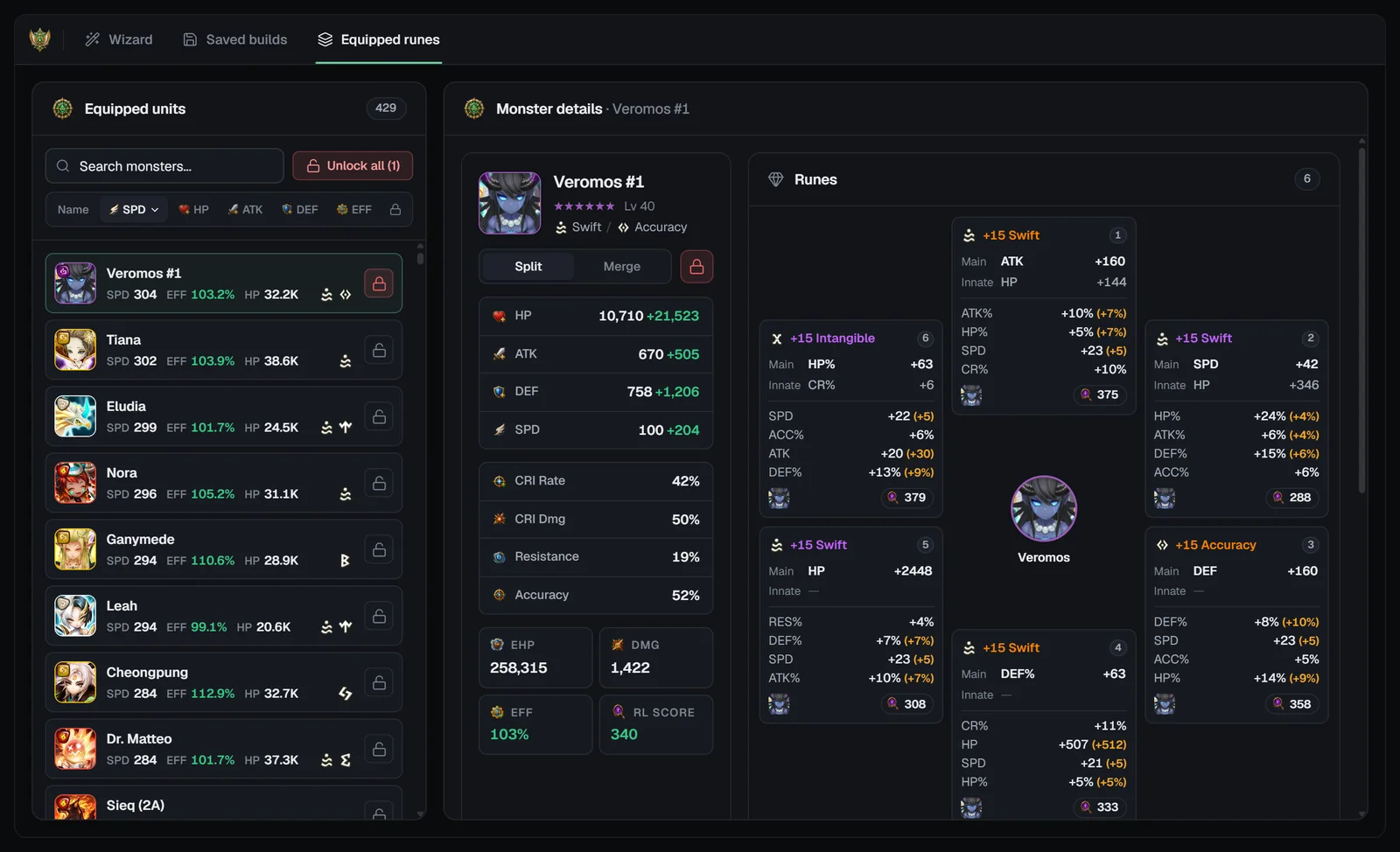 General Optimizer Equipped runes tab with search, sort chips, lock toggles and monster details