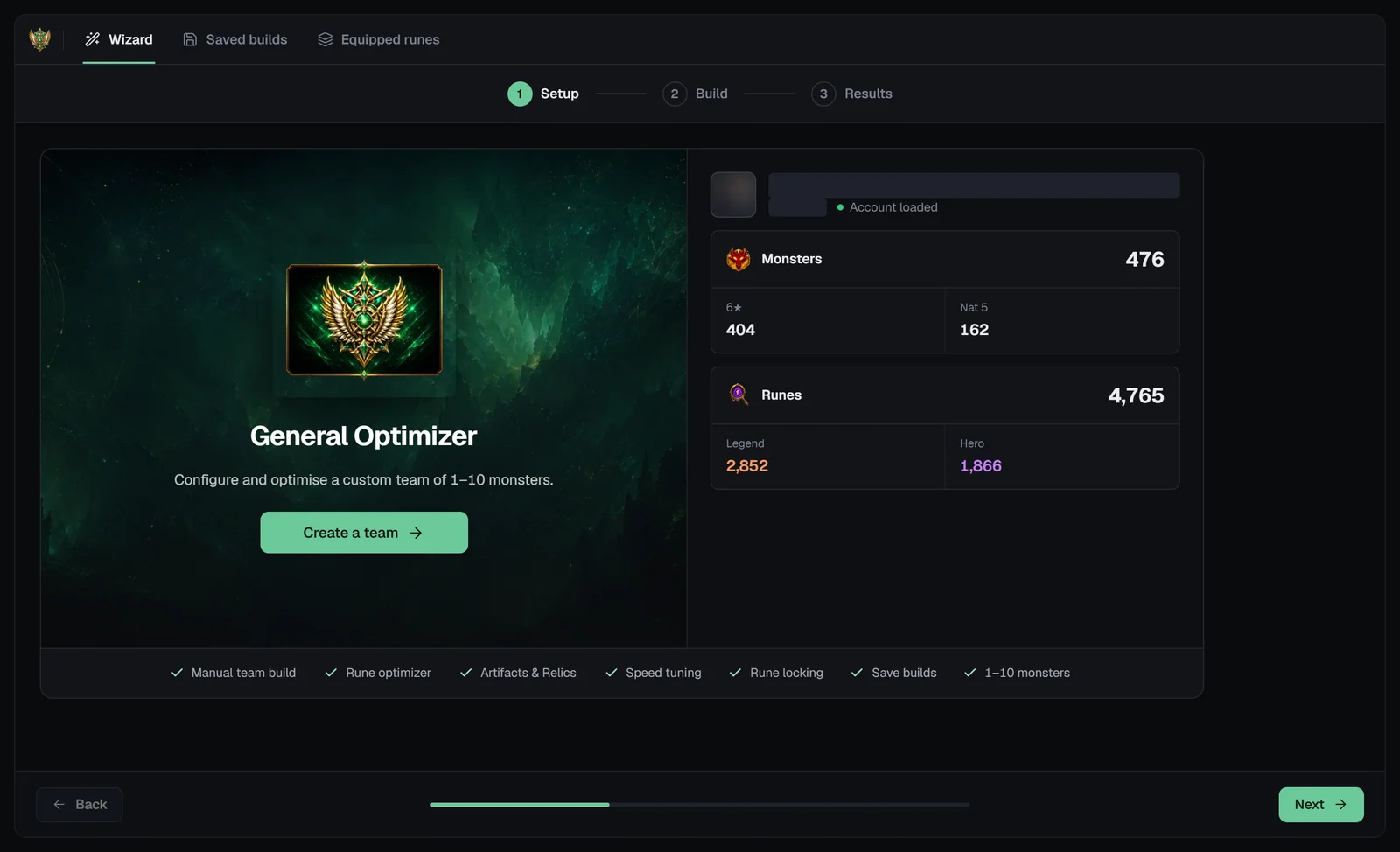 General Optimizer Setup step with Create a team, the account overview and the feature list
