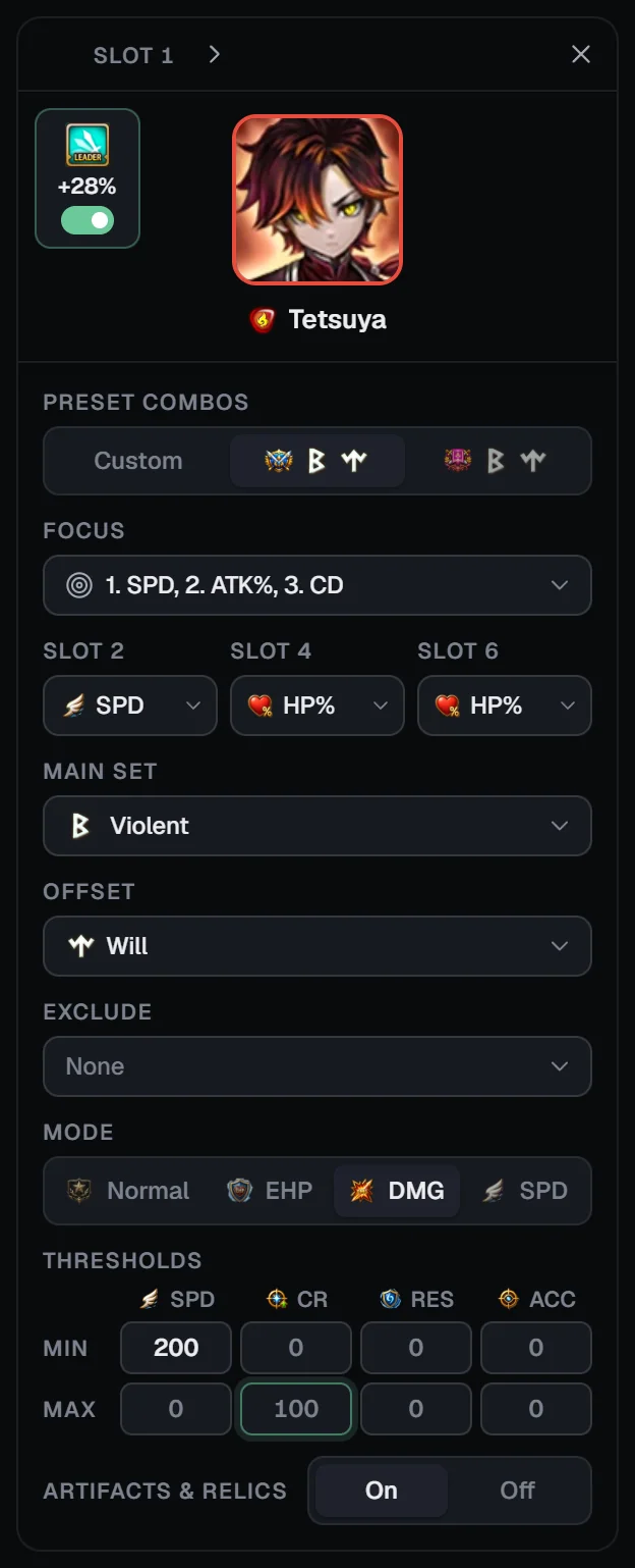 General Optimizer monster card with preset combos, focus, slot main stats, main set, offset, exclude, mode, thresholds and Artifacts & relics