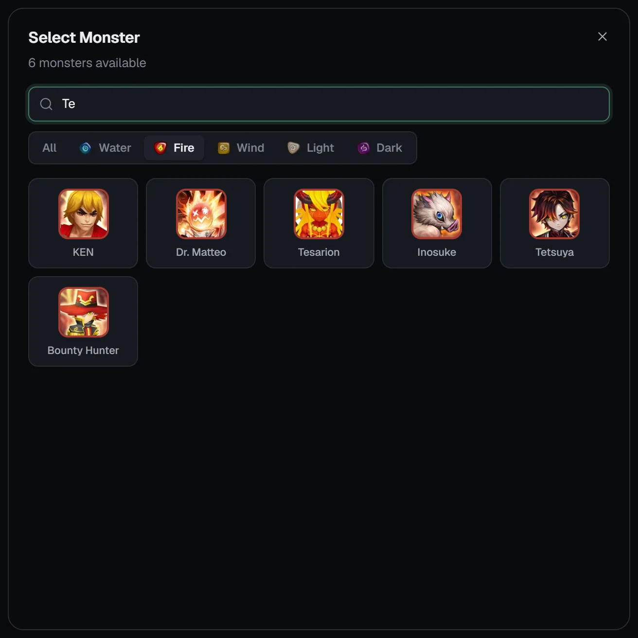 Select Monster window with search, element filter and the monsters in your box