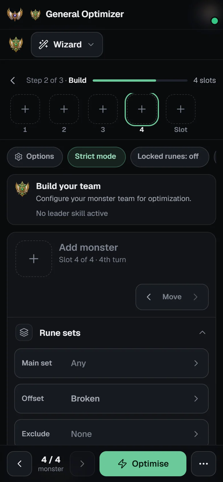 General Optimizer on a phone: team slots bar, option chips, one monster card and the action bar