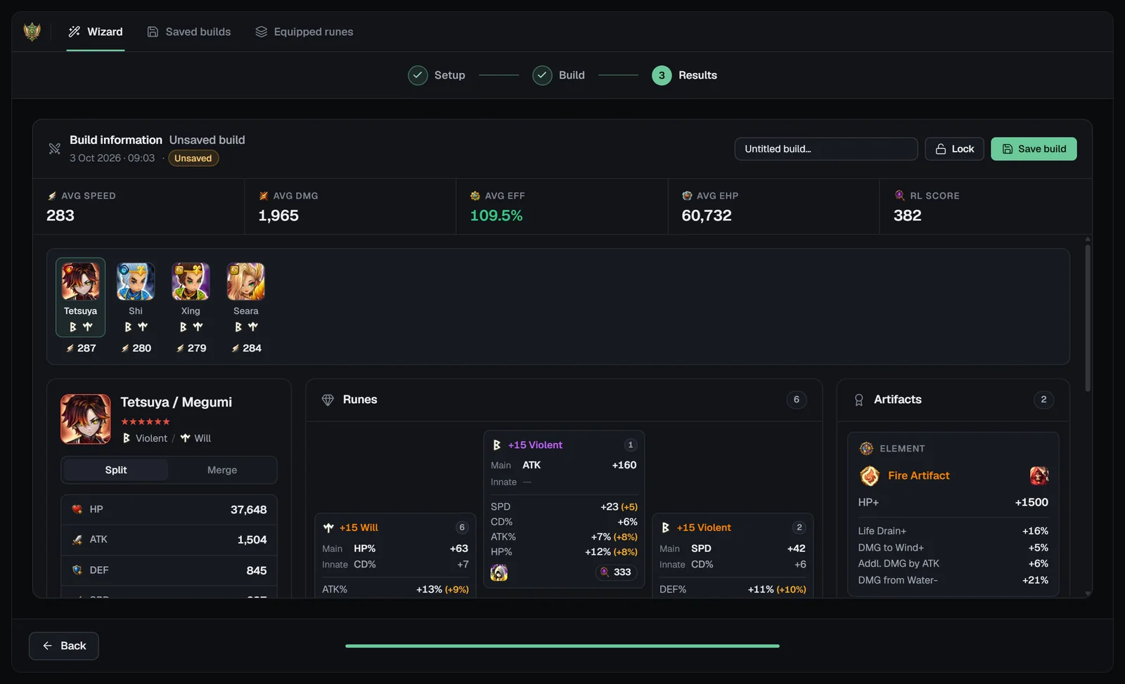 General Optimizer results with build information, averages, monster strip, stat card, rune flower, artifacts and relic