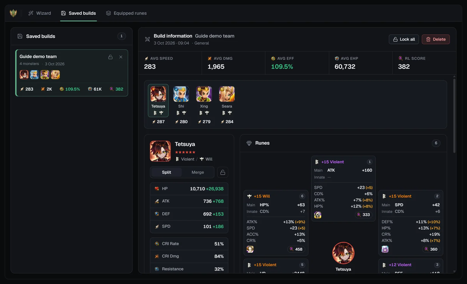 General Optimizer Saved builds tab with a build selected, Unlock all, Delete and per-monster locks