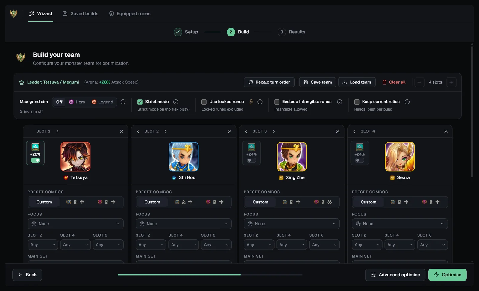 General Optimizer Build step with the leader line, Recalc turn order, Save team, Load team, Clear all, slot stepper, team options and monster cards