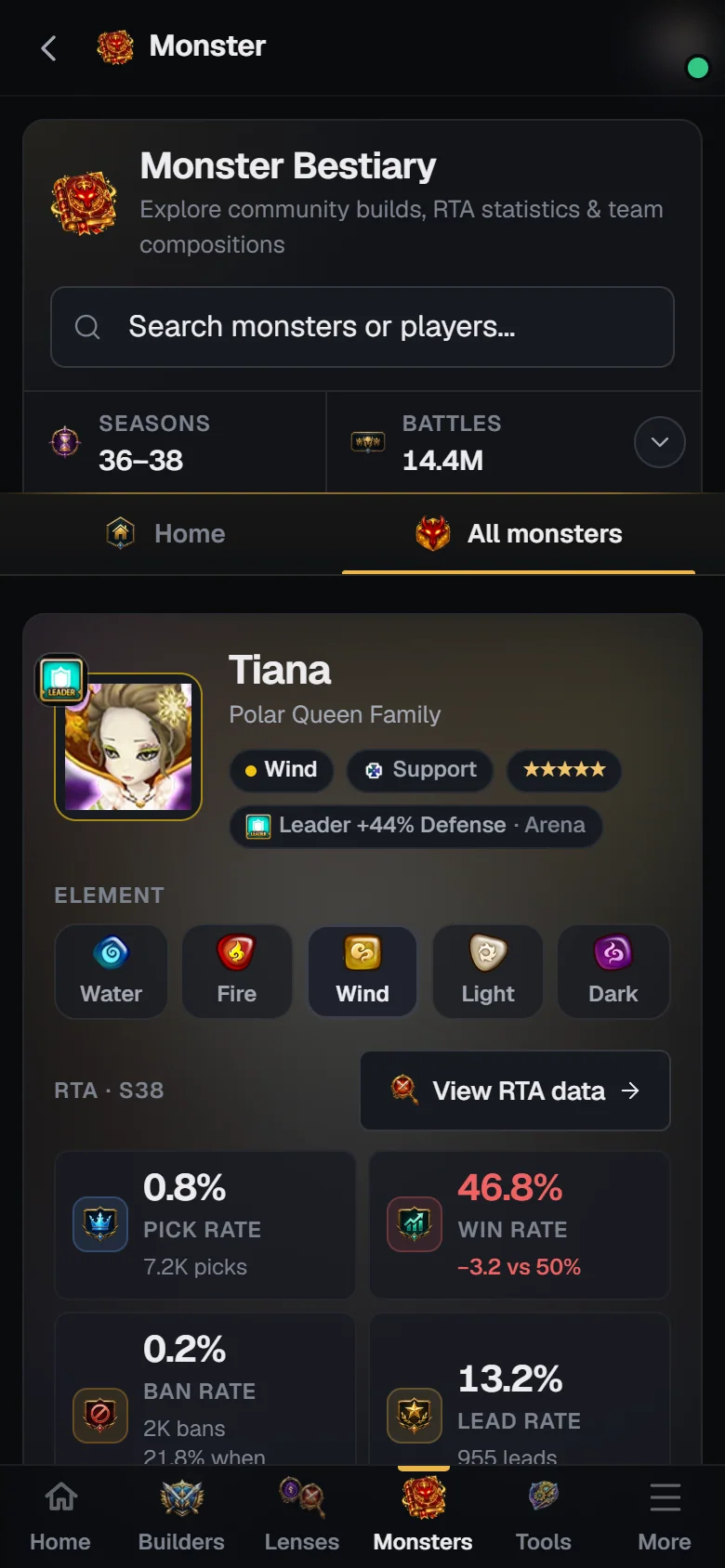 Bestiary monster page on a phone with the sticky tab strip and the RTA tiles