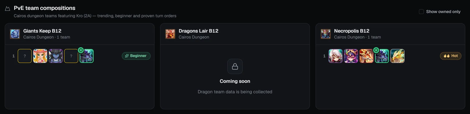 PvE team compositions with Giants Keep B12, Dragons Lair B12 coming soon and Necropolis B12 cards