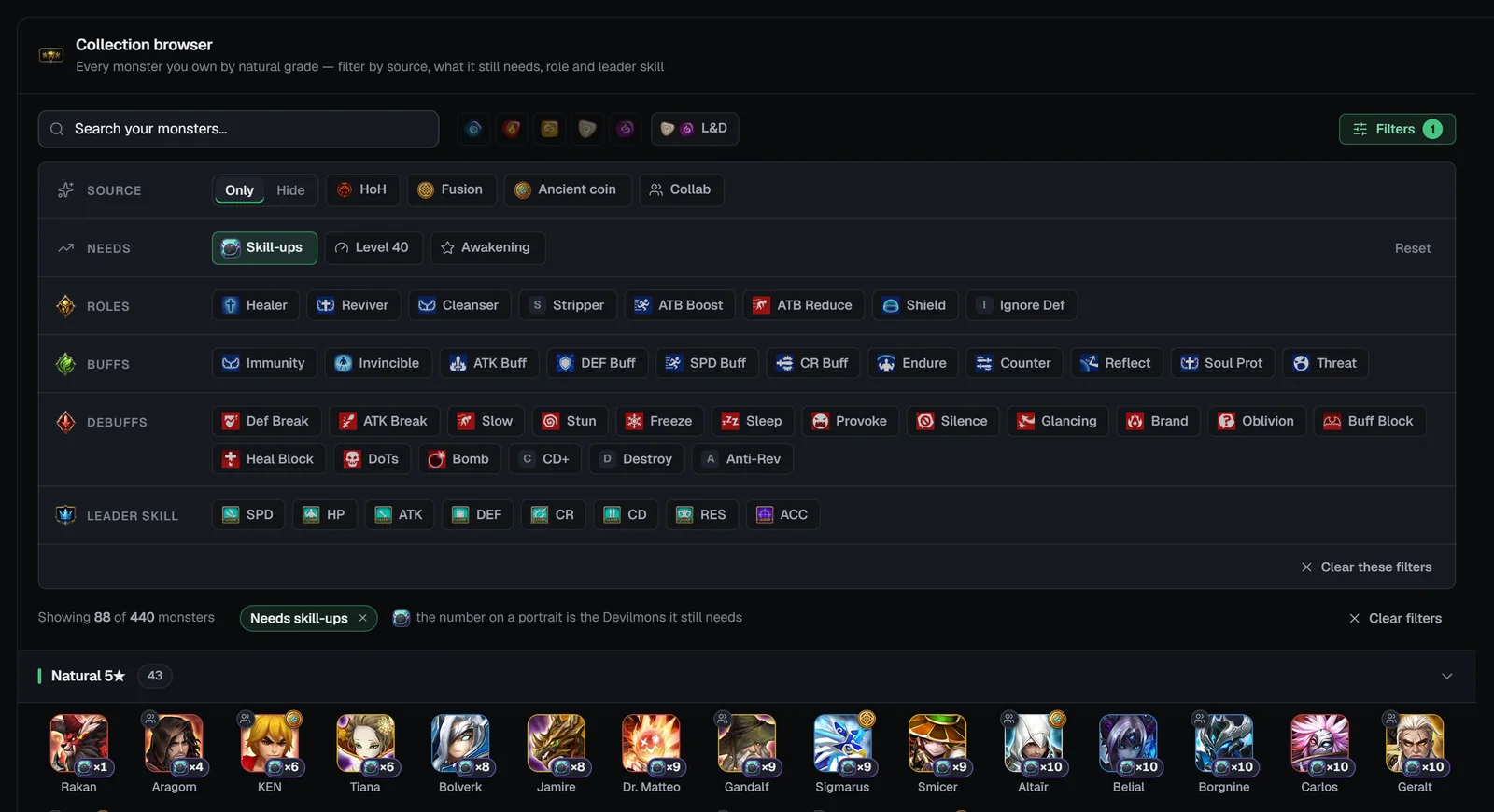 Collection browser grouped by natural grade with Needs skill-ups on, showing the Devilmons each monster needs
