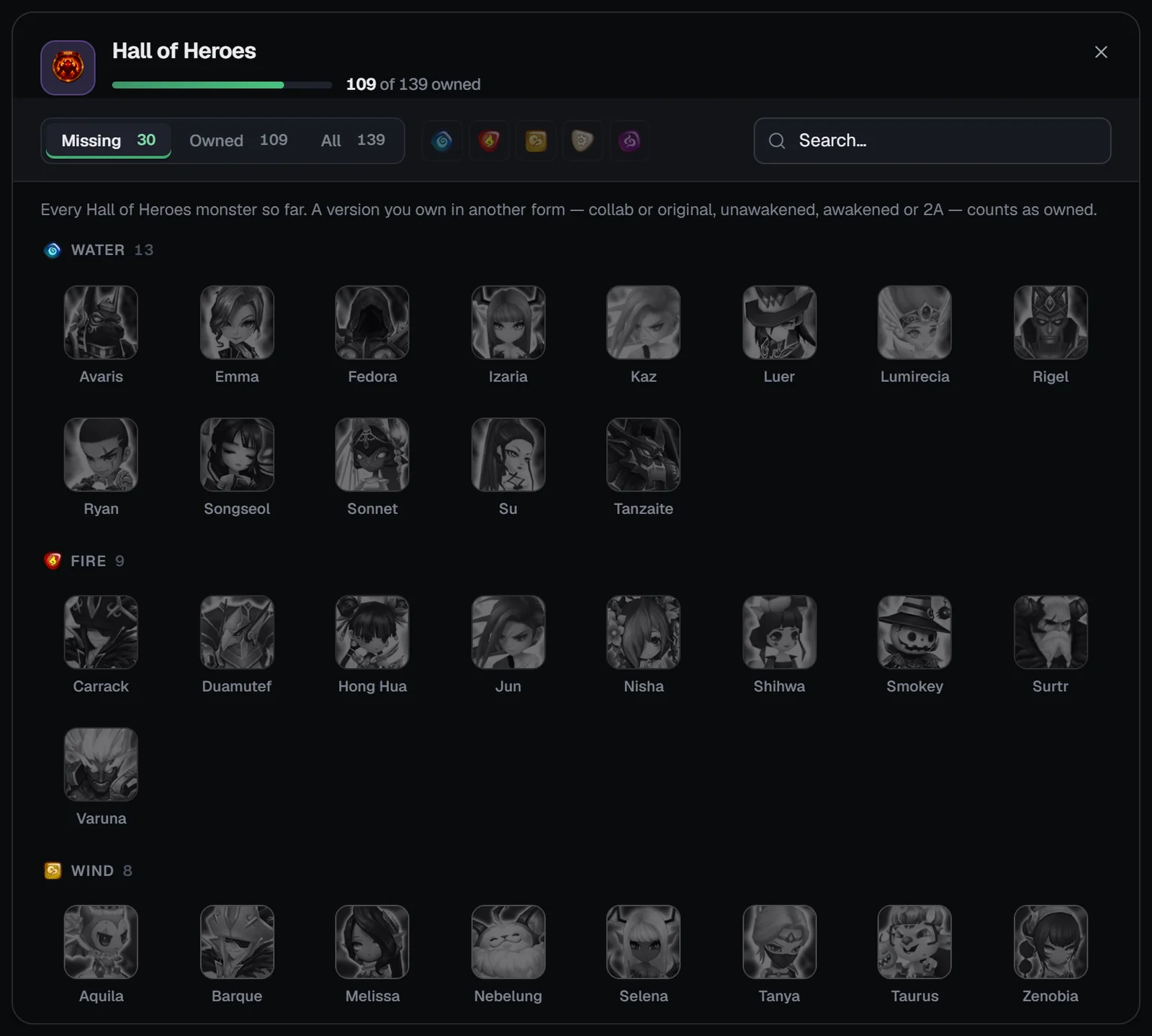 Hall of Heroes source list on the Missing view with element filters and search