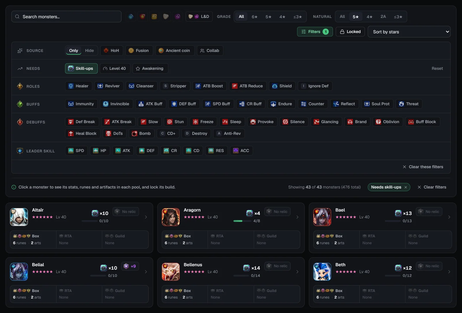 Monster filters panel with Source, Needs, Roles, Buffs, Debuffs and Leader skill, and cards showing Devilmons needed