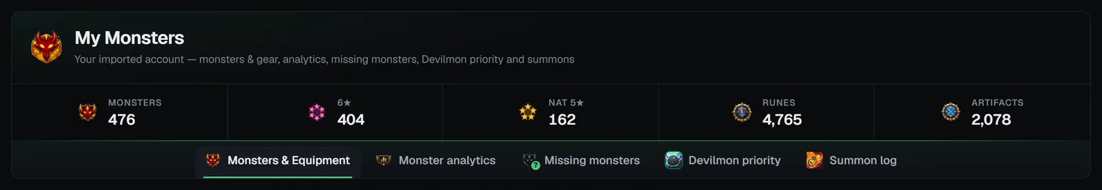 My Monsters header with the Monsters, 6★, Nat 5★, Runes and Artifacts totals and the five tabs