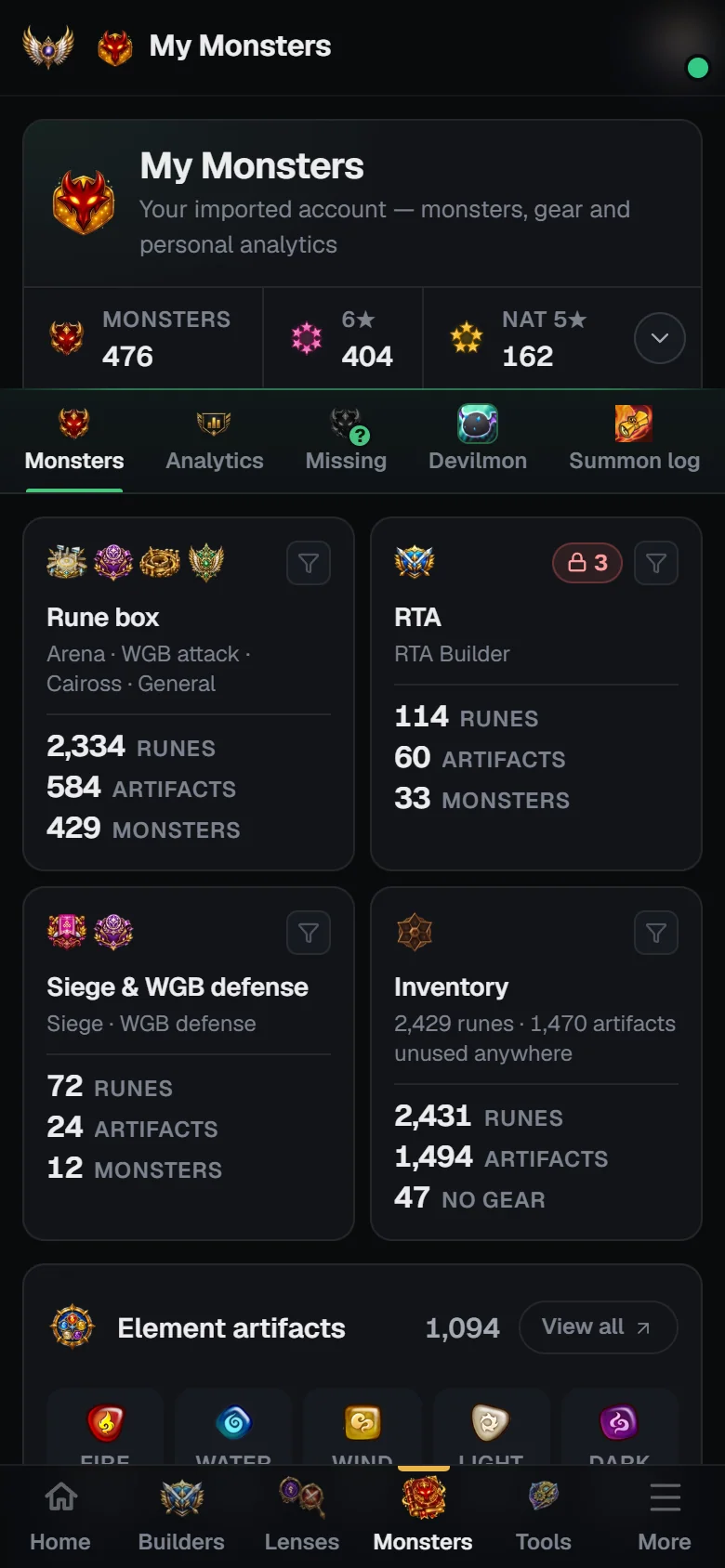 My Monsters on a phone with the pinned tabs, folded totals and monster cards