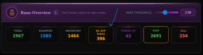 Home dashboard Rune Overview bar showing RE-APP TARGS count and Keep Threshold slider