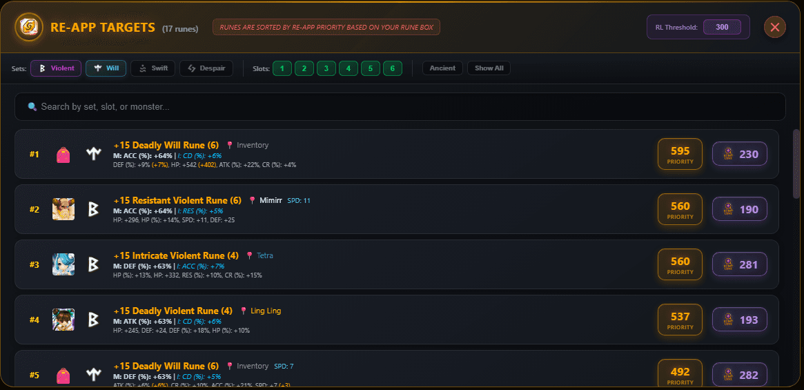 RE-APP TARGS popup showing prioritized rune list with scores and rune details