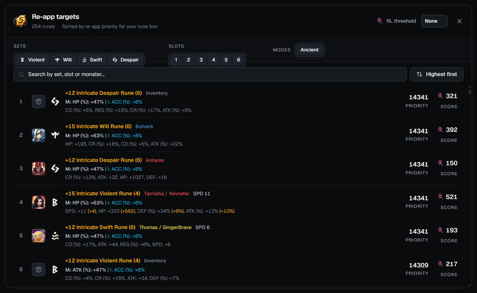 Re-app targets list opened from the dashboard with RL threshold, Sets, Slots, Ancient mode, search and sort