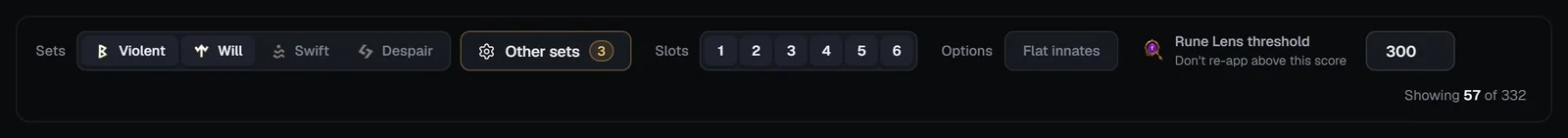 Re-App Calculator filter bar: Sets, Other sets with a count badge, Slots, Flat innates, Rune Lens threshold and Showing X of Y