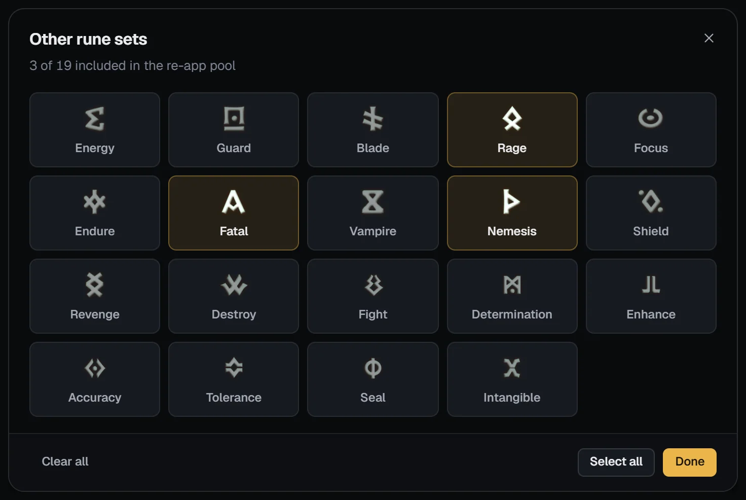 Other rune sets window listing the 19 extra rune sets with Clear all, Select all and Done