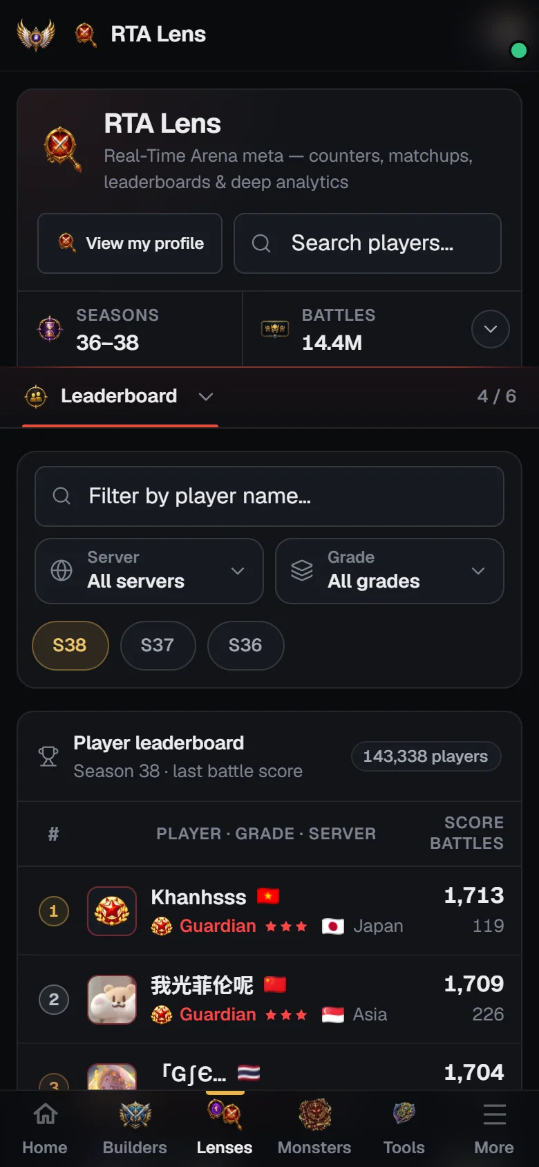 RTA Lens leaderboard on a phone with pinned tabs, server and grade buttons and card rows
