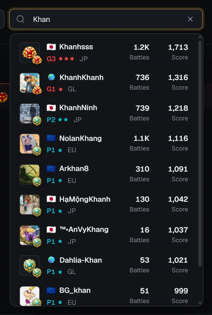 RTA Lens player search dropdown with profile pictures, rank badges, servers, battles and scores