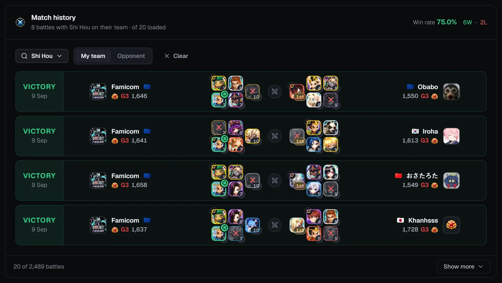 Player match history filtered by a monster, with Victory and Defeat rows, drafts and a Special League pill