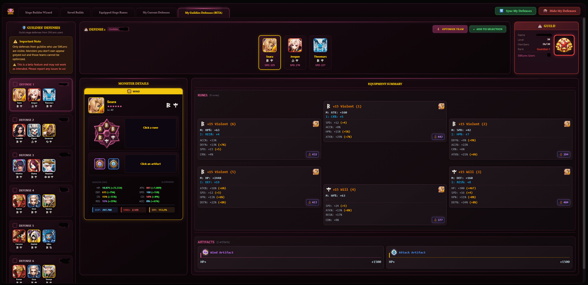 Guildmates siege defenses showing shared defense teams, runes, and builds