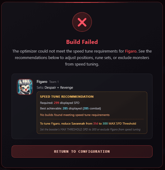 Build Failed dialog showing which monsters could not be assigned runes