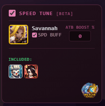 Speed Tune calculator showing booster selection, ATB boost, SPD buff, and included followers