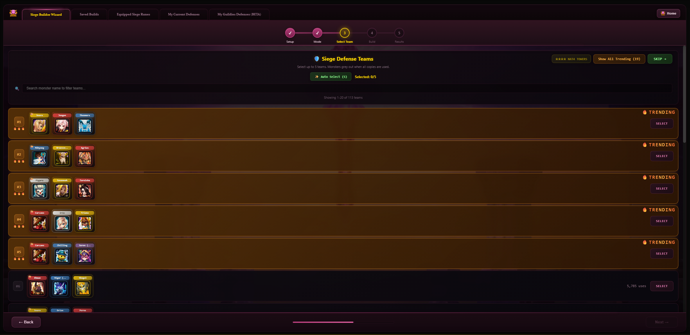 Trending siege team compositions with flame ratings and tier rankings