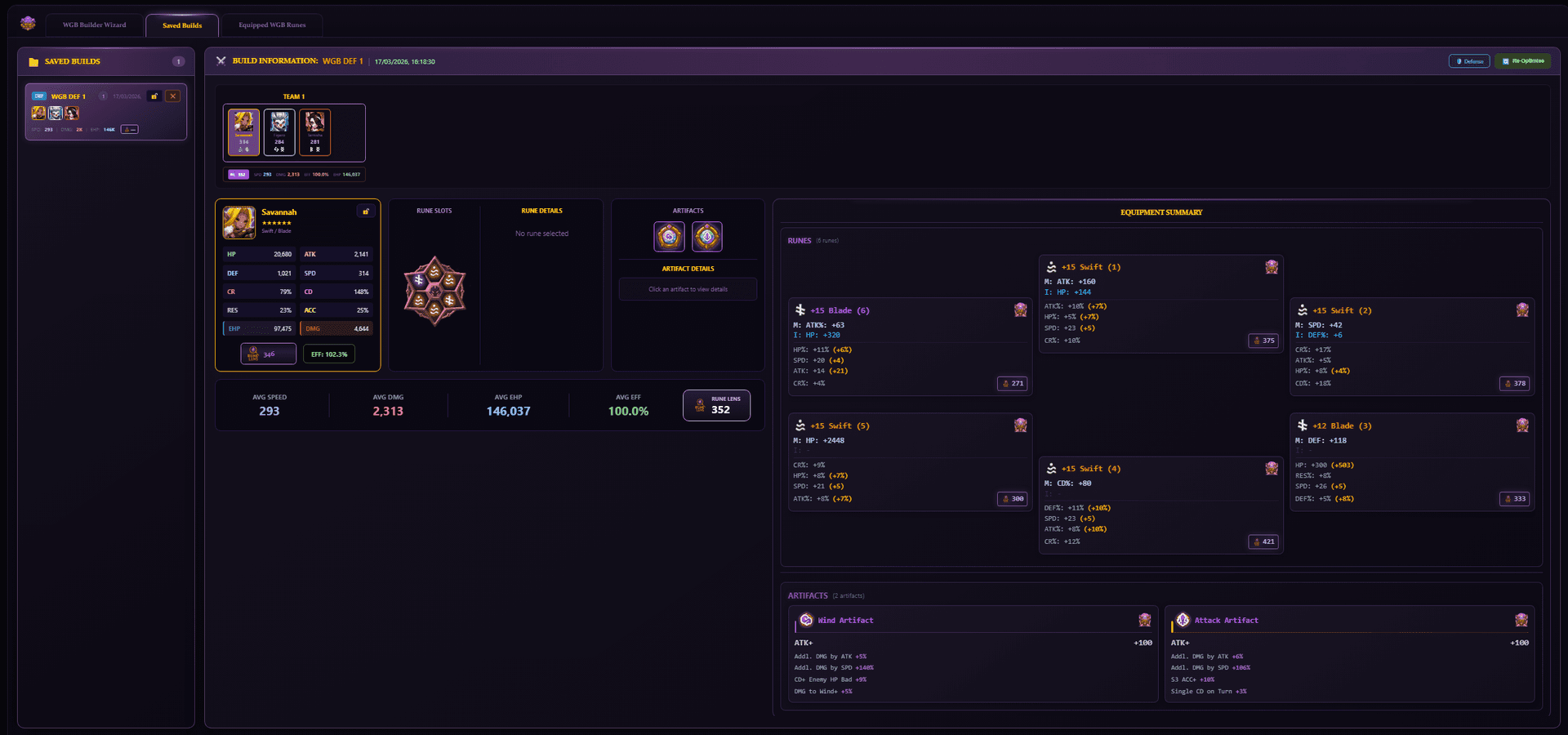 WGB saved builds showing rune assignments, stats, and equipment summary
