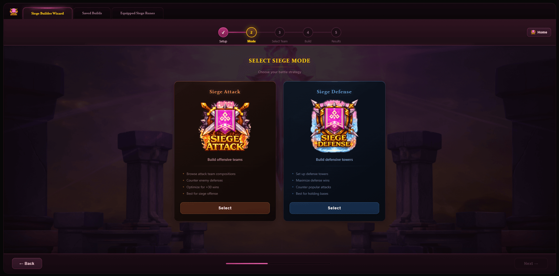 Siege Builder mode selection — Attack vs Defense