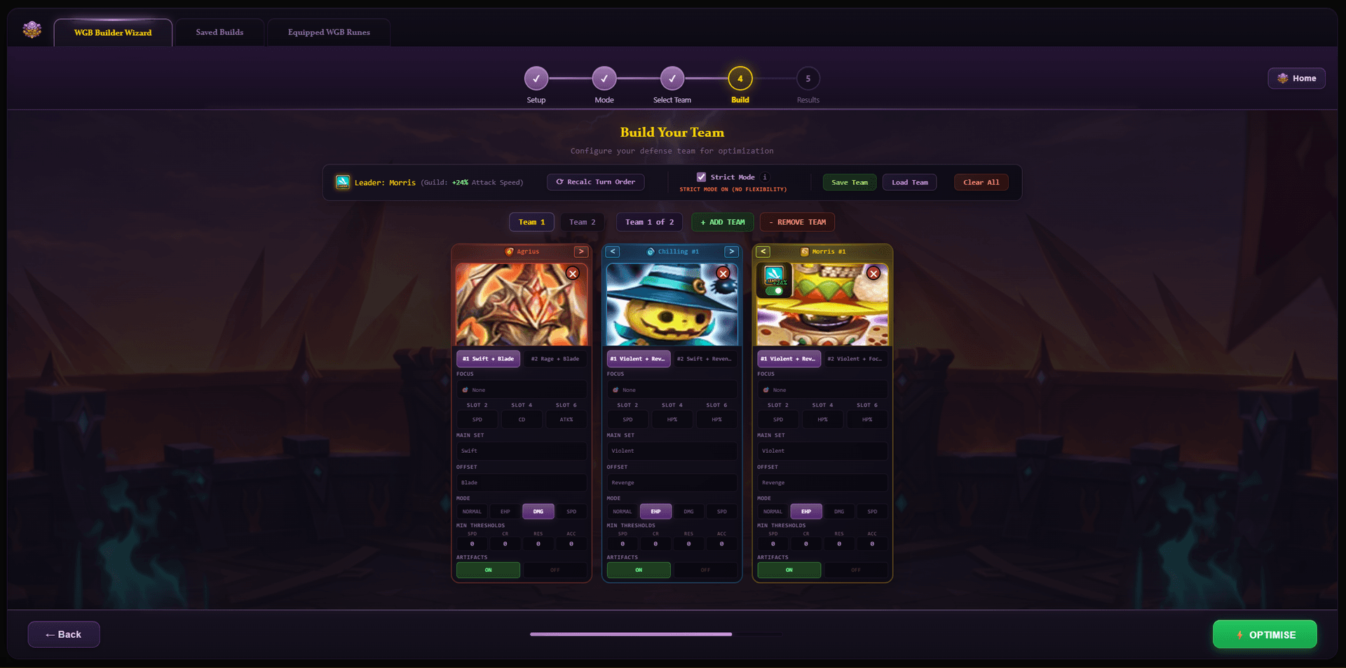 WGB build configuration with monster cards and rune settings