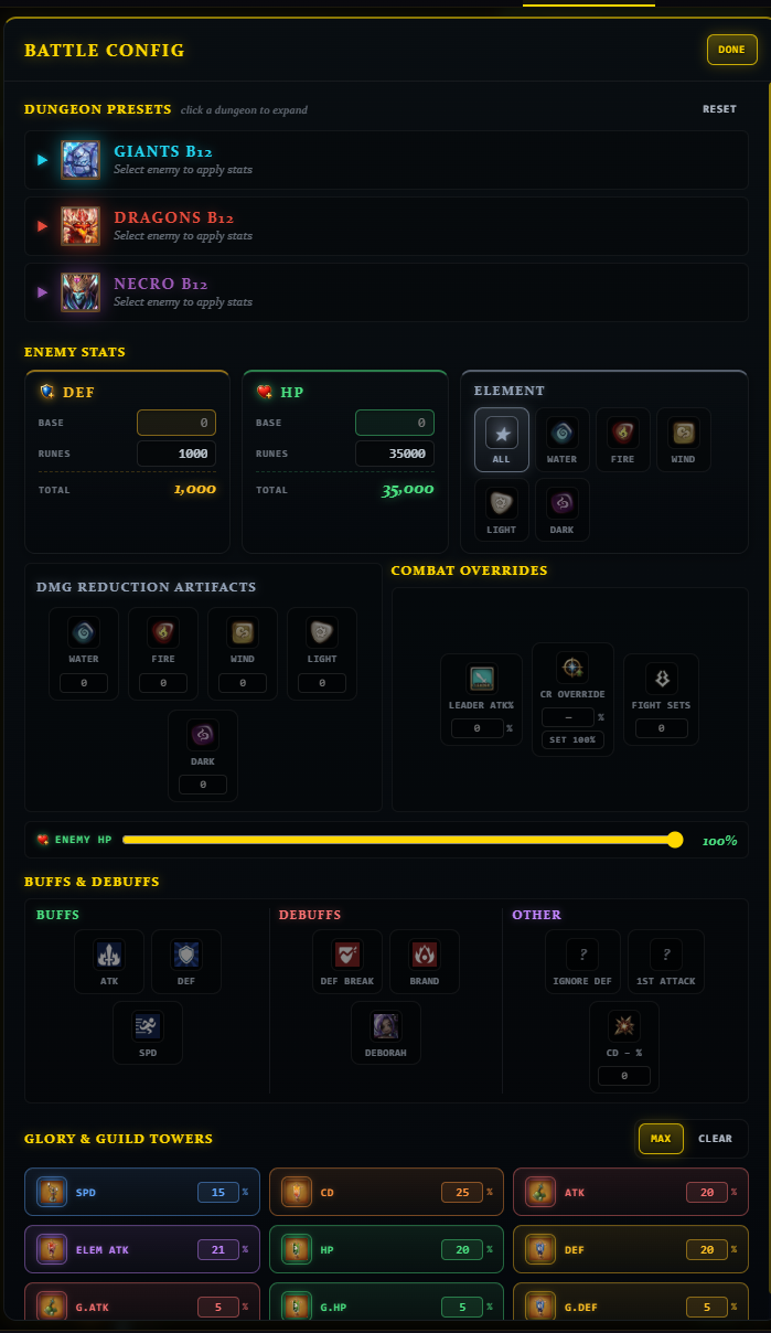 Other Tools (Artifact Damage — Battle Config modal)