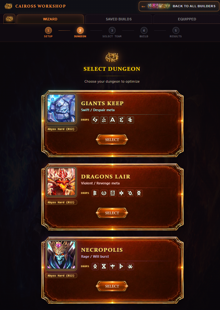 Team Builders (Caiross Workshop — Step 2: Select Dungeon)