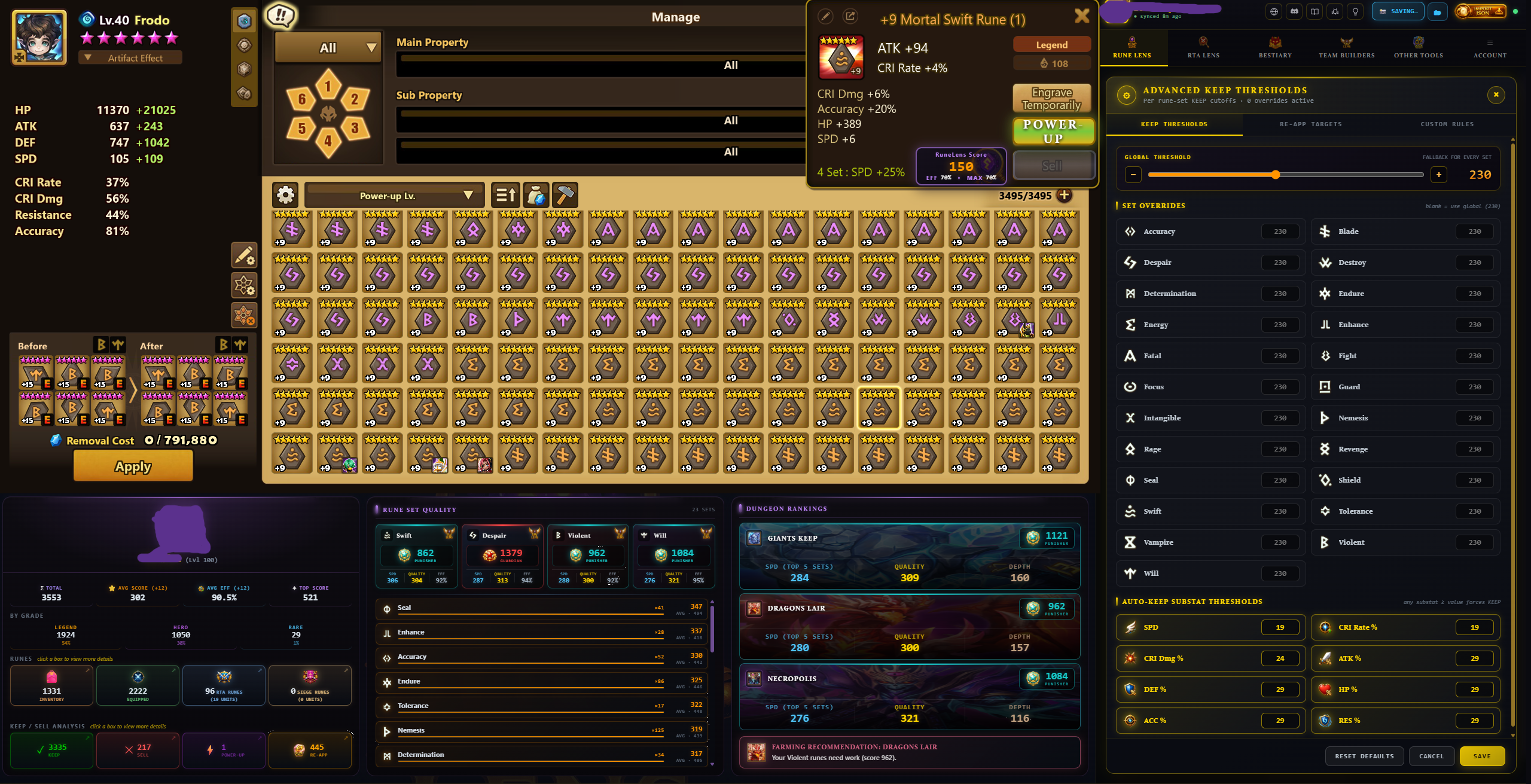 Rune Lens (Advanced: per-set Keep Thresholds & Auto-Keep substats)